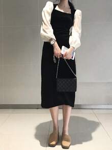 Đầm Chia Khối Màu Thanh lịch - màu đen - Xem 5