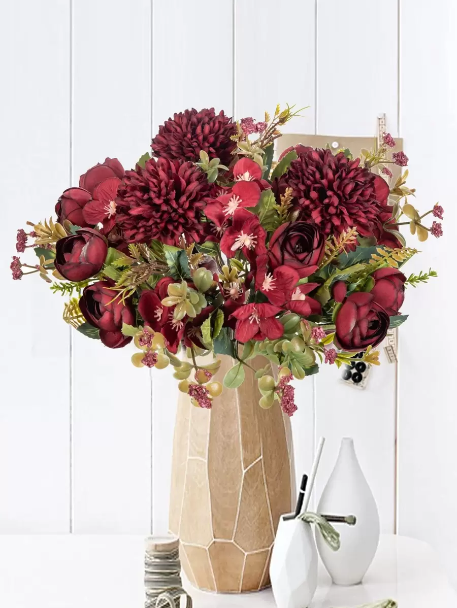 1/3PCS 人造花丝茶玫瑰花束菊花塑料植物新娘花束情人节假植物婚礼装饰 DIY 花环材料，新娘手捧花装饰配件，婚车装饰，门楣拱门装饰，家居，餐厅，卧室，花瓶装饰，生日派对装饰材料新年礼物，情人节，礼物 - 彩色 - 查看 1