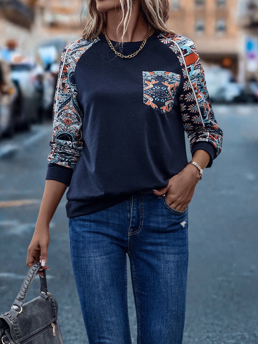 SHEIN LUNE 圖案印花插肩袖補丁貼口袋套頭衫 - 藏蓝色 - 查看 1