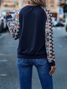 SHEIN LUNE 圖案印花插肩袖補丁貼口袋套頭衫 - 藏蓝色 - 查看 2