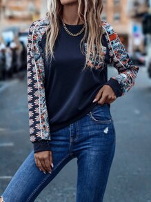 SHEIN LUNE 圖案印花插肩袖補丁貼口袋套頭衫 - 藏蓝色 - 查看 3