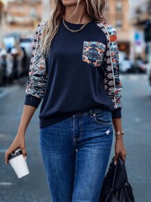 SHEIN LUNE 圖案印花插肩袖補丁貼口袋套頭衫 - 藏蓝色 - 查看 4