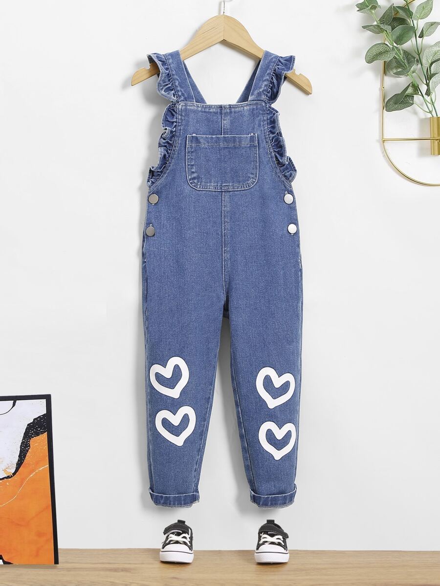 Toddler Girls Heart Print Ruffle Trim Crisscross Back Denim Dungarees - Medium Wash - View 1