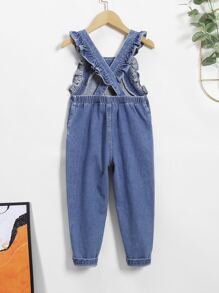 Toddler Girls Heart Print Ruffle Trim Crisscross Back Denim Dungarees - Medium Wash - View 2