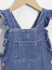 Toddler Girls Heart Print Ruffle Trim Crisscross Back Denim Dungarees - Medium Wash - View 3