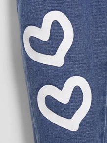 Toddler Girls Heart Print Ruffle Trim Crisscross Back Denim Dungarees - Medium Wash - View 4