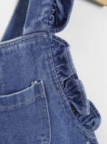 Toddler Girls Heart Print Ruffle Trim Crisscross Back Denim Dungarees - Medium Wash - View 5