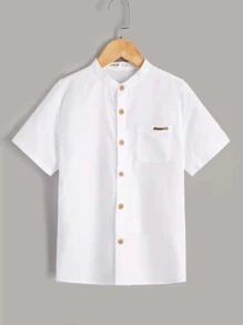 SHEIN 男孩字母貼布前排扣襯衫 - 白色 - 查看 1