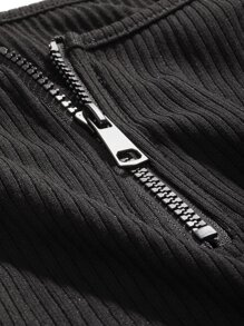 DAZY Rib-knit Zipper Front Tank Top - Black - View 3