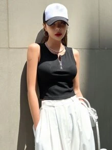 DAZY Rib-knit Zipper Front Tank Top - Black - View 4