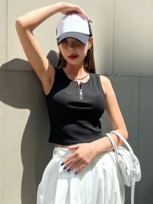 DAZY Rib-knit Zipper Front Tank Top - Black - View 7