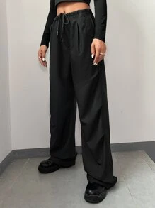 Coolane Solid Drawstring Waist Parachute Trousers - Black - View 3