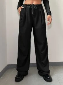 Coolane Solid Drawstring Waist Parachute Trousers - Black - View 4