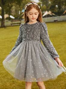 Niñas Vestido en contraste con lentejuelas de malla - Plateado - Ver 1