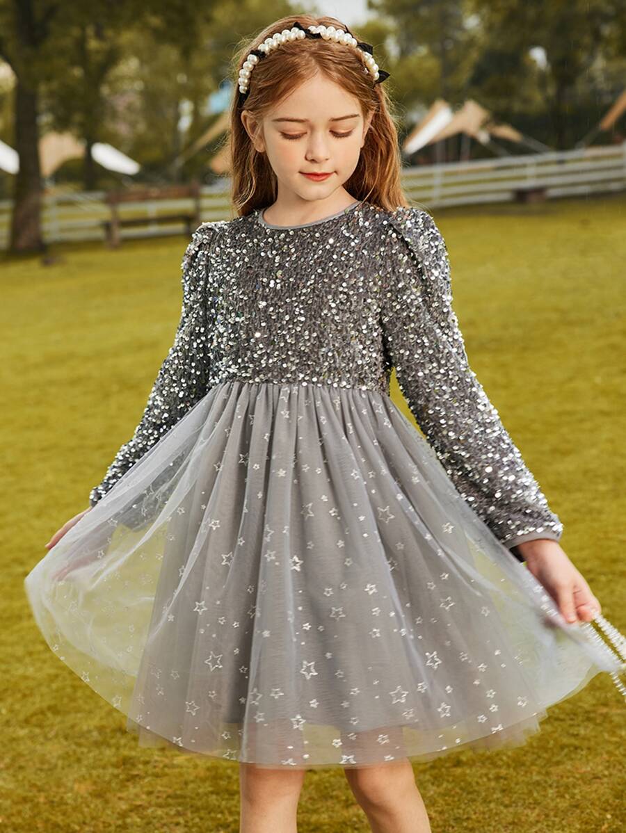 Niñas Vestido en contraste con lentejuelas de malla - Plateado - Ver 1