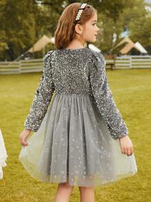 Niñas Vestido en contraste con lentejuelas de malla - Plateado - Ver 2