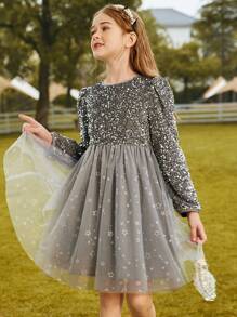 Niñas Vestido en contraste con lentejuelas de malla - Plateado - Ver 3