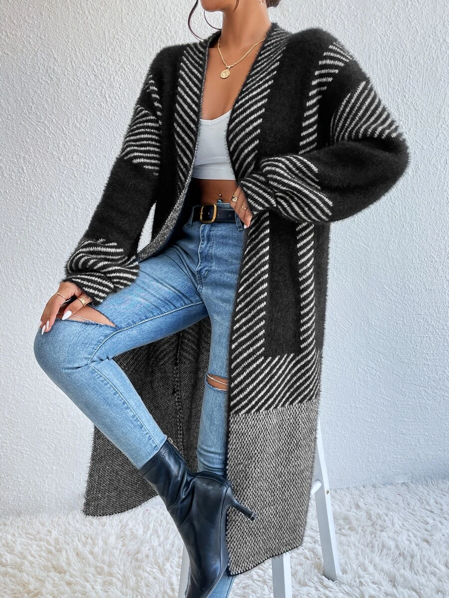 SHEIN Essnce 條紋圖案毛茸茸開襟開衫 - 彩色 - 查看 1