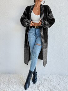 SHEIN Essnce 條紋圖案毛茸茸開襟開衫 - 彩色 - 查看 6