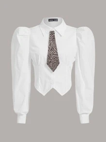 SHEIN MOD 泡泡袖手帕下擺襯衫不附帶系帶