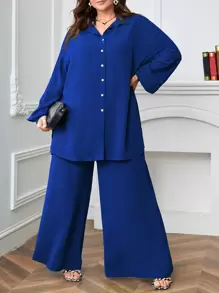 SHEIN LUNE Plus Drop Shoulder Solid Shirt & Trousers Set - Royal Blue - View 1