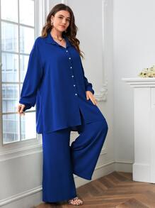 SHEIN LUNE Plus Drop Shoulder Solid Shirt & Trousers Set - Royal Blue - View 3