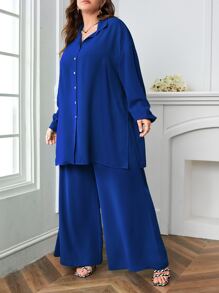 SHEIN LUNE Plus Drop Shoulder Solid Shirt & Trousers Set - Royal Blue - View 4