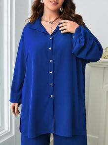 SHEIN LUNE Plus Drop Shoulder Solid Shirt & Trousers Set - Royal Blue - View 5