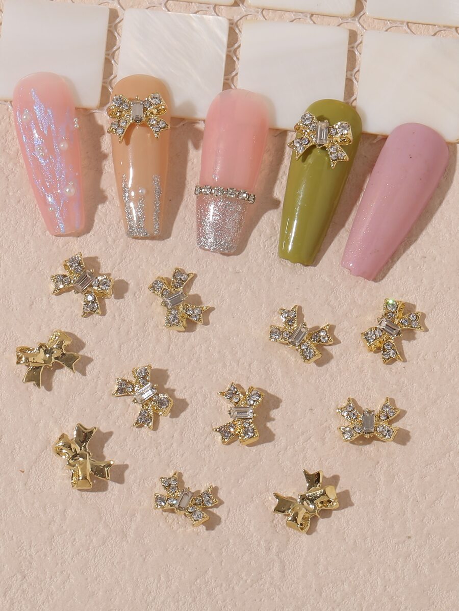 10 piezas Decoración de uñas con diamante de imitación con diseño de lazo - Dorado - Ver 1