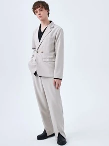 Men Lapel Neck Flap Detail Solid Blazer - Light Grey - View 4