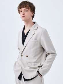 Men Lapel Neck Flap Detail Solid Blazer - Light Grey - View 5