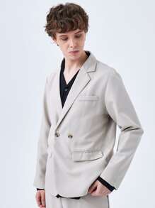 Men Lapel Neck Flap Detail Solid Blazer - Light Grey - View 6