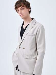 Men Lapel Neck Flap Detail Solid Blazer - Light Grey - View 7