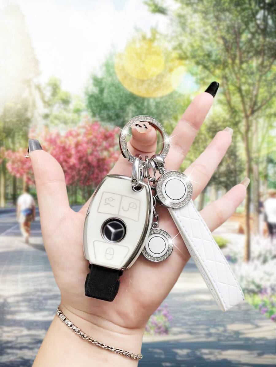 1 bộ Vỏ Chìa Khóa Ô Tô & Móc Khóa Tương Thích Với Benz, Vỏ Chìa Khóa Fob - trắng - Xem 1