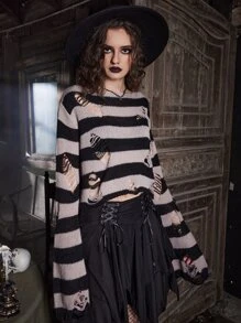 ROMWE Goth Striped Ripped Sweater - Multicolor - View 1