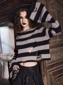 ROMWE Goth Striped Ripped Sweater - Multicolor - View 3