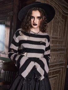 ROMWE Goth Striped Ripped Sweater - Multicolor - View 4