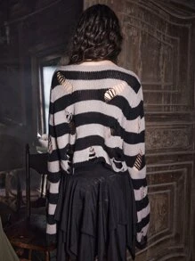 ROMWE Goth Striped Ripped Sweater - Multicolor - View 5