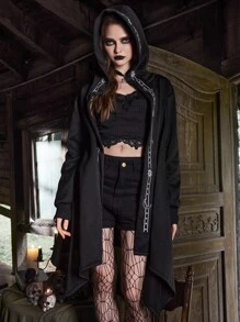 ROMWE Goth Sun & Moon Graphic Hooded Coat - Black - View 1