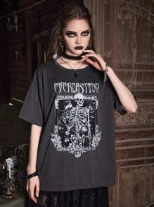ROMWE Goth Letter Skull Graphic Drop Shoulder Tee - Dark Grey - View 2