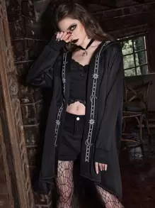 ROMWE Goth Sun & Moon Graphic Hooded Coat - Black - View 2