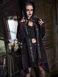 ROMWE Goth Sun & Moon Graphic Hooded Coat - Black - View 3