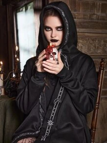 ROMWE Goth Sun & Moon Graphic Hooded Coat - Black - View 4