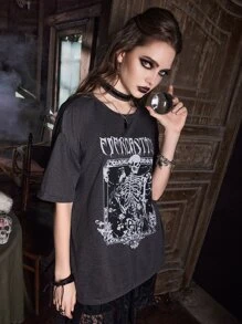 ROMWE Goth Letter Skull Graphic Drop Shoulder Tee - Dark Grey - View 6