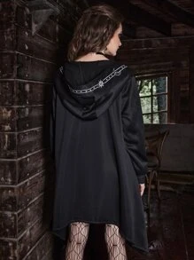 ROMWE Goth Sun & Moon Graphic Hooded Coat - Black - View 7