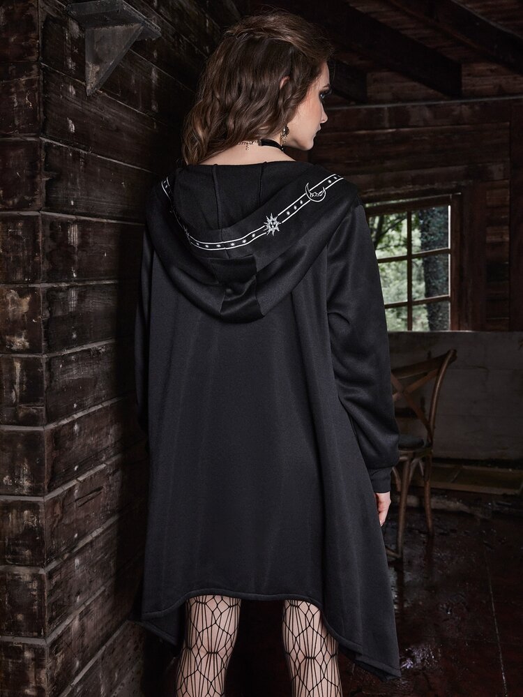 ROMWE Goth Sun & Moon Graphic Hooded Coat - Black - View 7