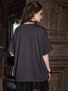 ROMWE Goth Letter Skull Graphic Drop Shoulder Tee - Dark Grey - View 7