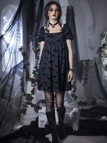 ROMWE Goth Bat Print Contrast Mesh Dress - Black - View 1