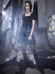 ROMWE Goth Bat Print Contrast Mesh Dress - Black - View 2