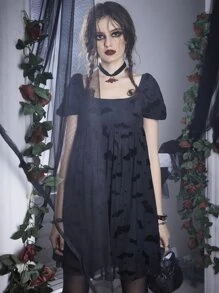 ROMWE Goth Bat Print Contrast Mesh Dress - Black - View 4